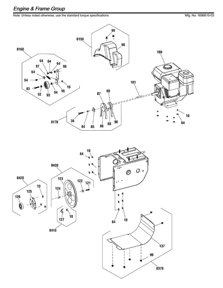 Engine And Frame Diagram and Parts List for 1696610-03  Briggs and Stratton Snow Blower